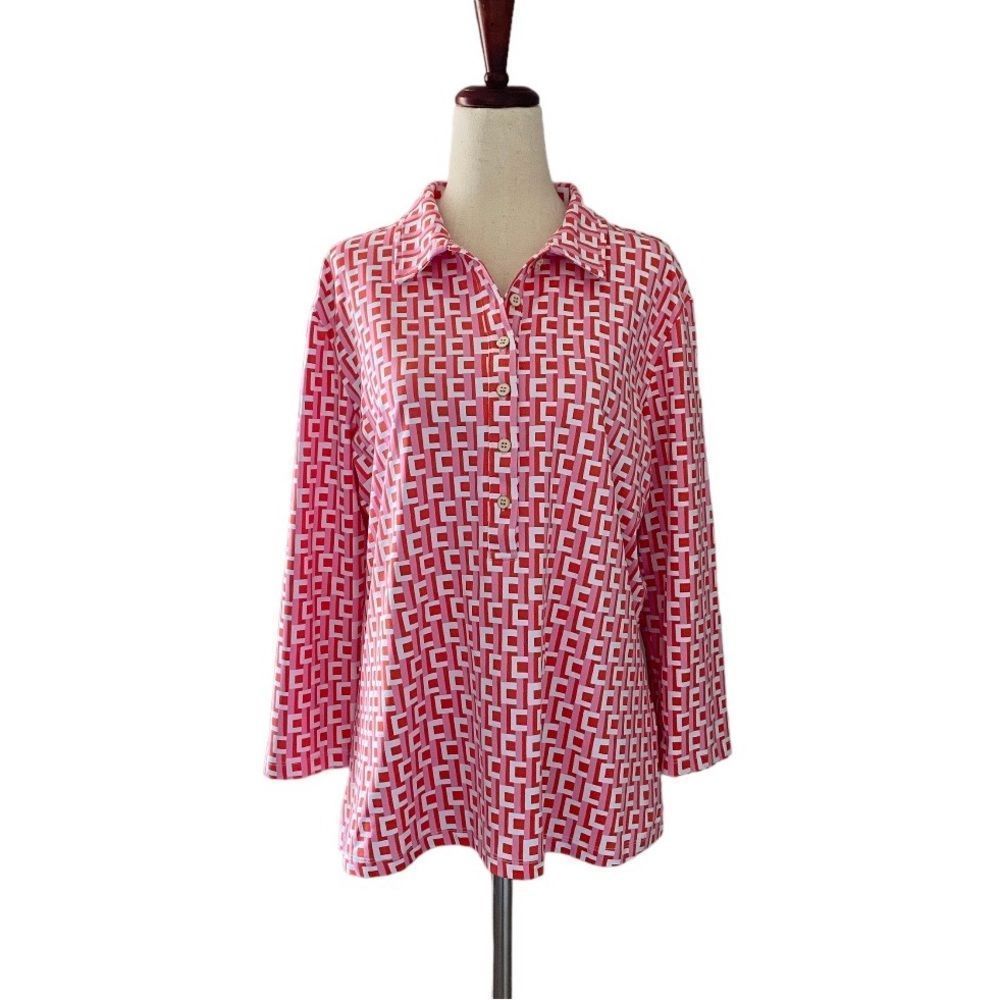 J. McLaughlin Catalina Cloth Popover 1/3 Button Geometric   Print Size XL